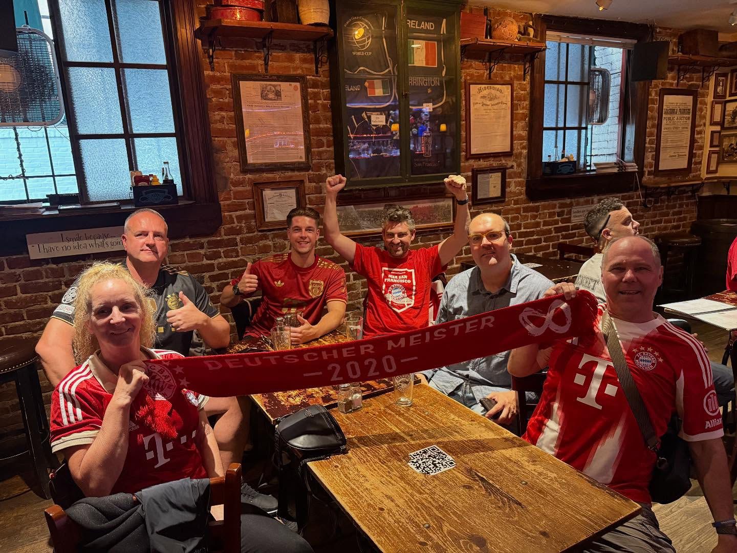 Mia San Francisco members celebrating Bundesliga championship at Danny Coyle's pub
