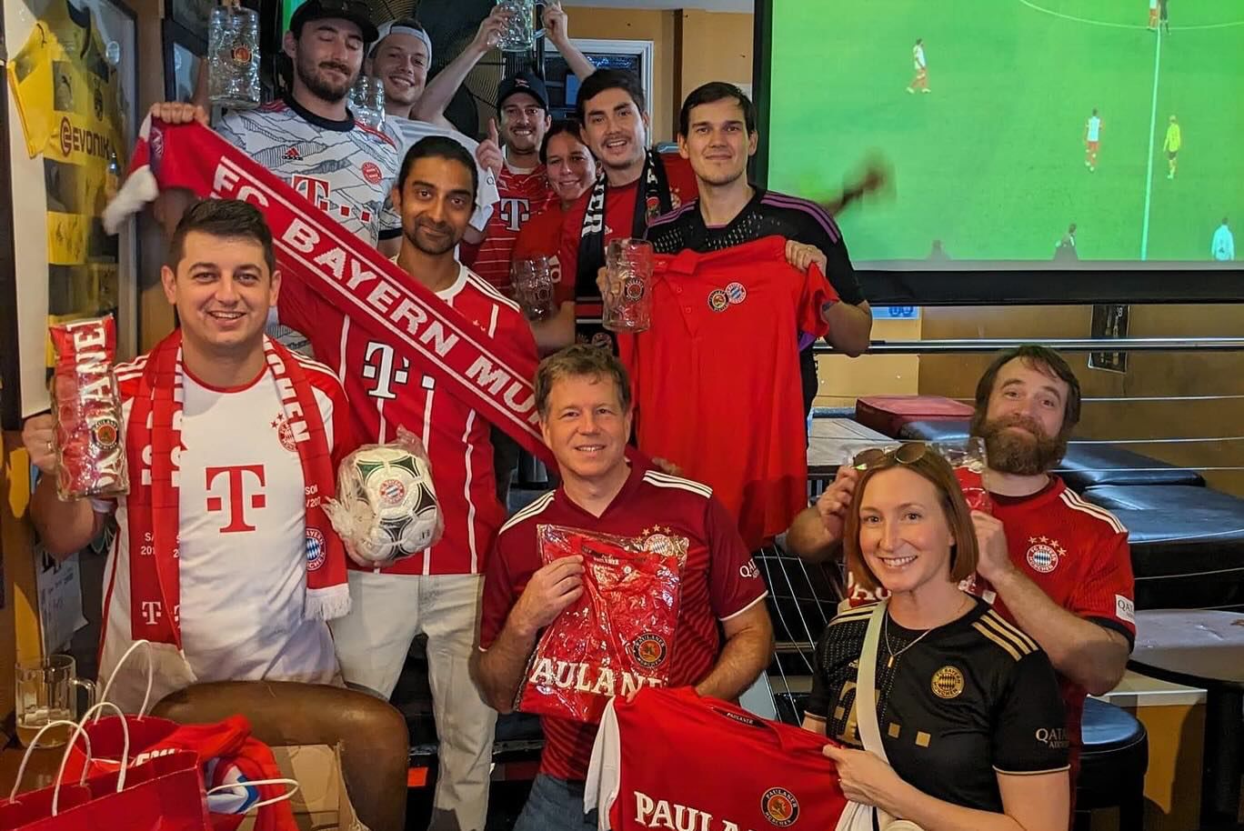 Mia San Francisco raffle prizes and group celebration at Danny Coyle's