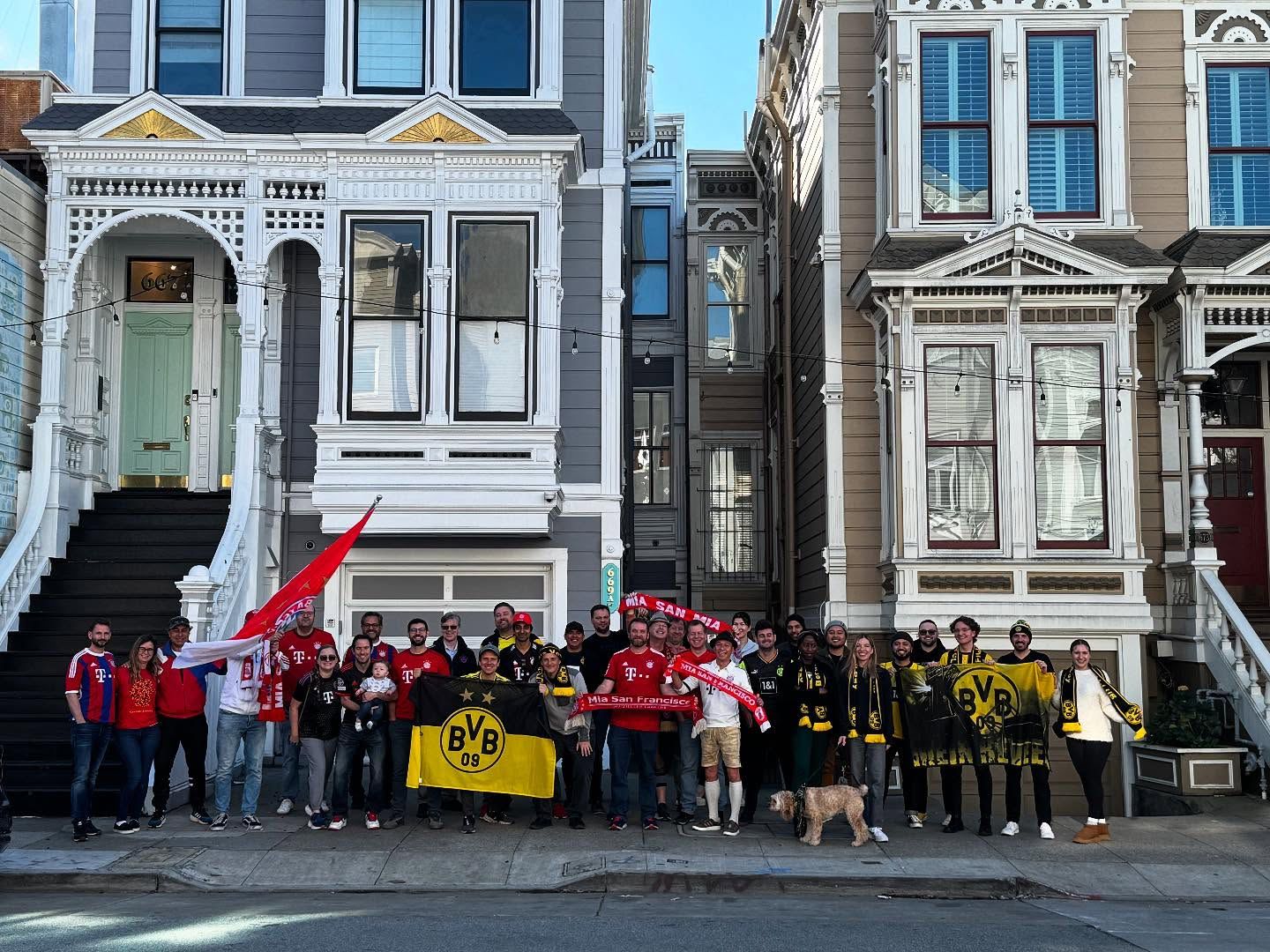 FC Bayern and BVB Dortmund fans in front of San Francisco Victorian houses